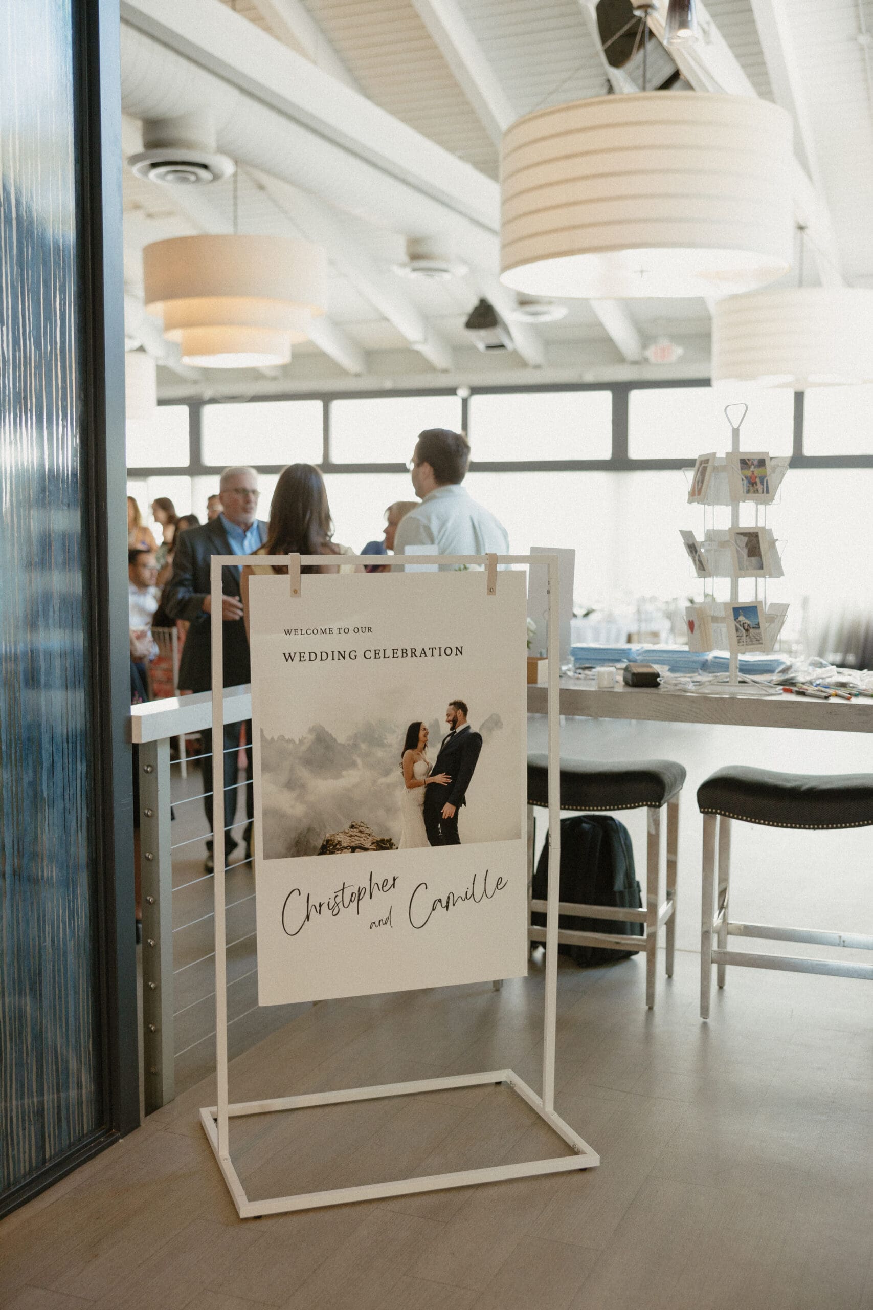 Wedding welcome sign for Christopher and Camille with elopement photo, intimate reception at Grateful Palate Fort Lauderdale