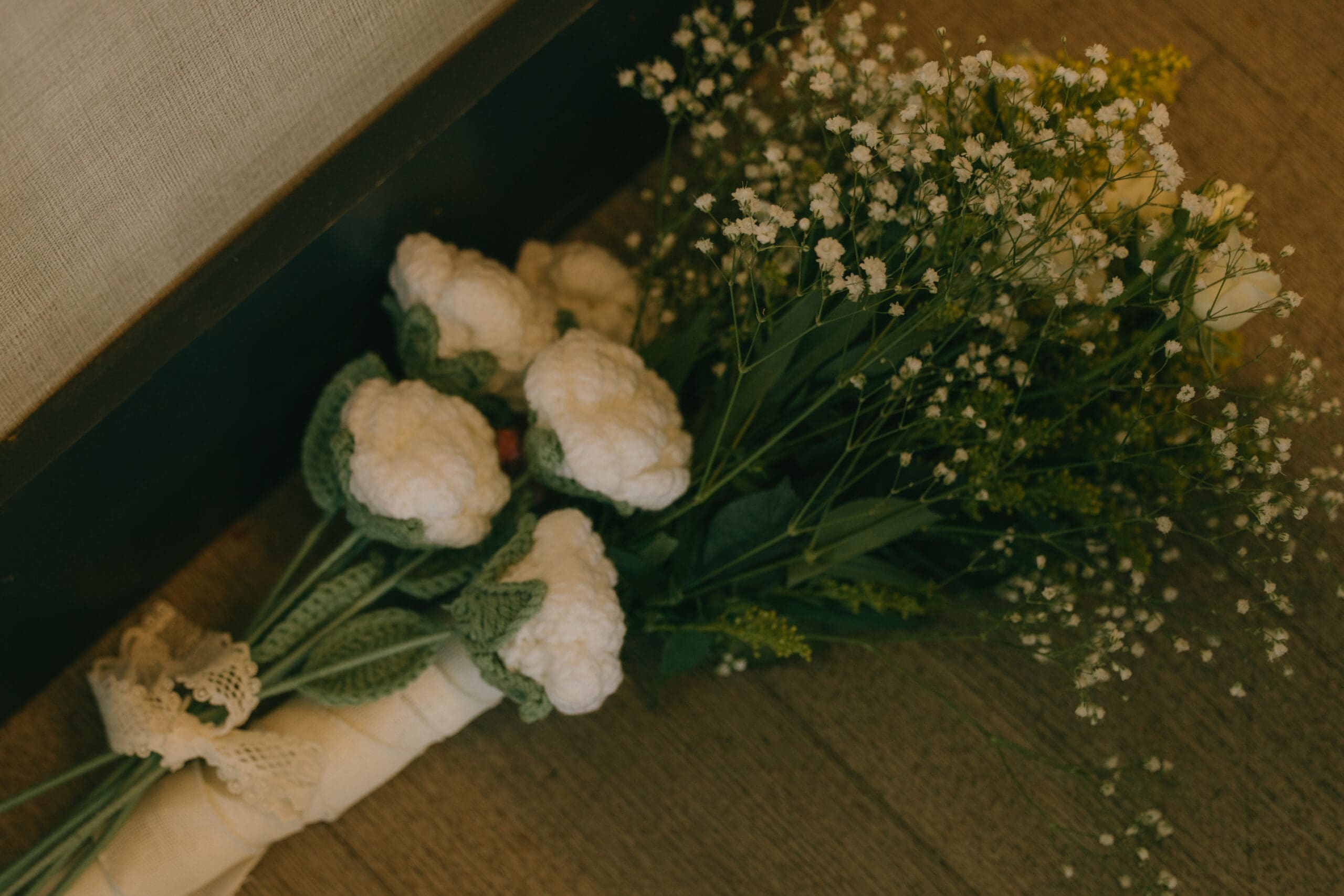 Handmade crocheted white flowers and baby's breath wedding bouquet, intimate reception at Grateful Palate Fort Lauderdale